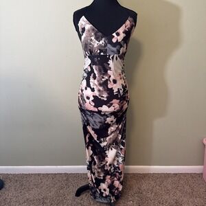 Venus Floral Maxi Dress Side Slit Bodycon Stretch Pink Black Cream Sexy Summer S